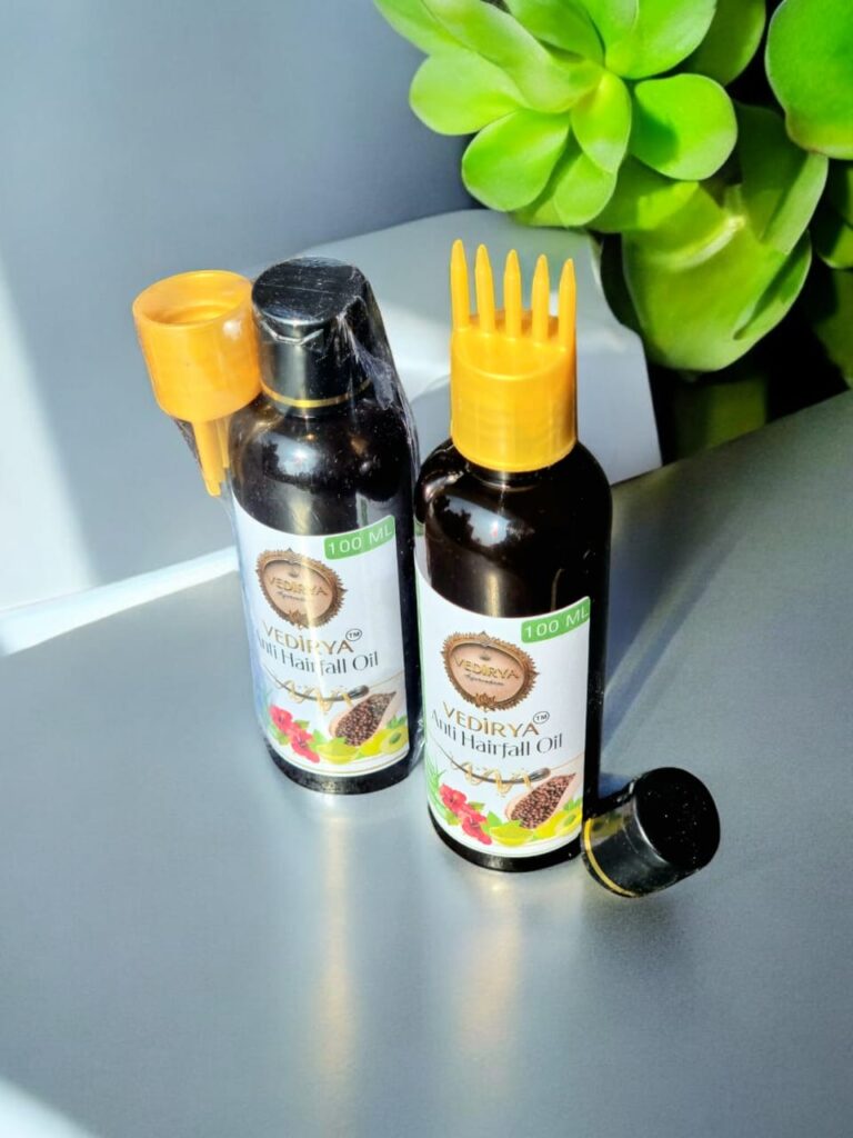 Brand: Vedriya Product Name: Anti Hairfall Oil GUARANTEED RESULT FREE HOME DELIVERY IN GUJARAT Key Benefits: - Reduces Hair Fall - Nourishes Scalp - Promotes Hair Growth - Usage Instructions: - Apply with oil applicator, massage for 5-7 minutes - Leave overnight, wash with Ayurvedic shampoo - For dry hair: Apply 10-12 drops of oil to hair and leave - Use 3 times a week - Key Ingredients: - Pure Mustard Oil (95%) - Henna - Amla - Aloe Vera - Cloves - MRP: ₹399/- for 100ml Sale Price: ₹299/- only.